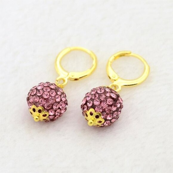 Elegant Rose Austrian Crystal Ball Dangle Pink and Gold Earrings - Picture 1 of 2